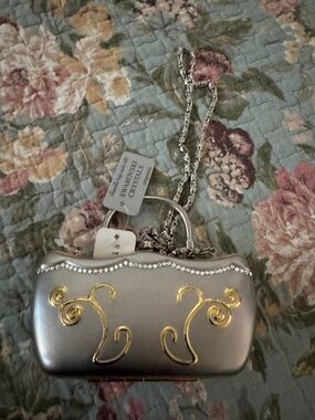 Silver Evening Clutch with Gold Accents and Crystal Trim